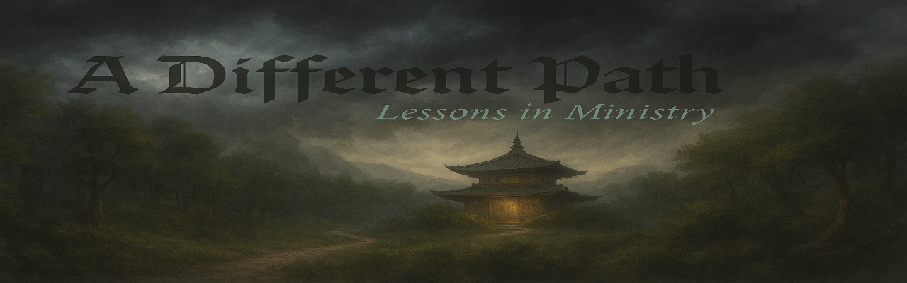 Website banner of an approaching storm over a Buddhist temple in a Japanese forest.